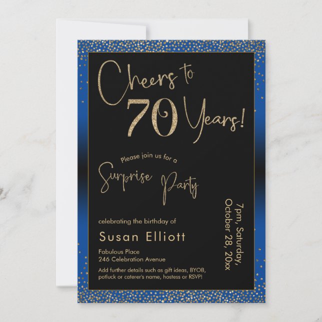 Cheers to 70 Years Surprise Birthday Party Blue Invitation (Front)
