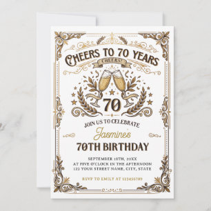 Cheers to 70 years Vintage Gold White Birthday Invitation