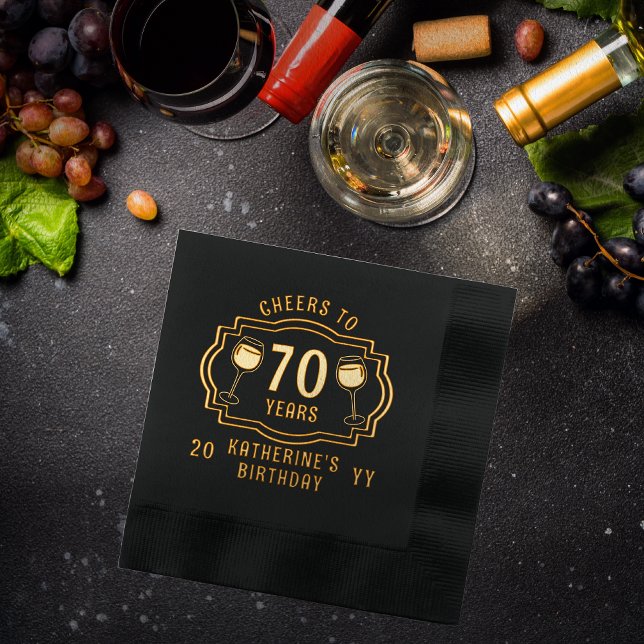 Cheers to 70 Years Wine Glasses Birthday Name Foil Napkins ("Cheers to 70 Years" wine Glasses 70th Birthday with Name and Year Stamped Foil Napkins)