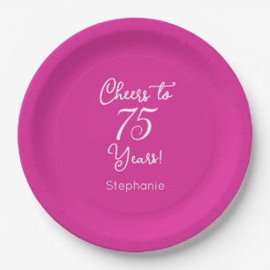 Cheers to 75 Years 75th Pink Birthday Paper Plate