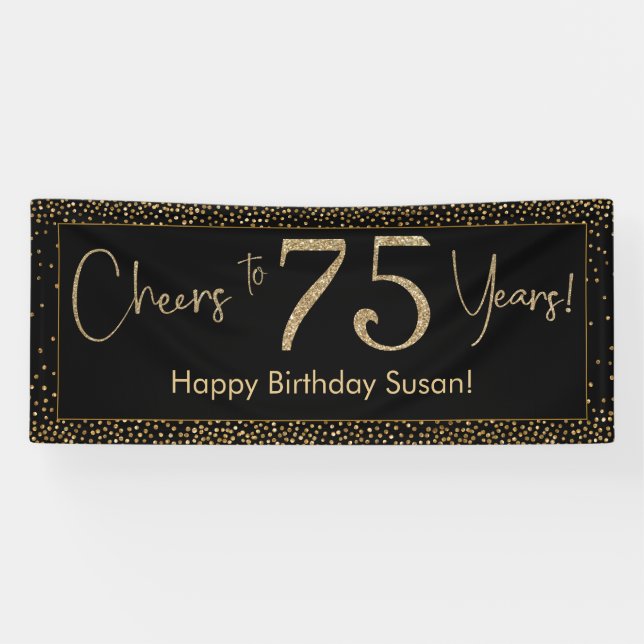 Cheers to 75 Years Birthday Black w/ Gold Confetti Banner (Horizontal)
