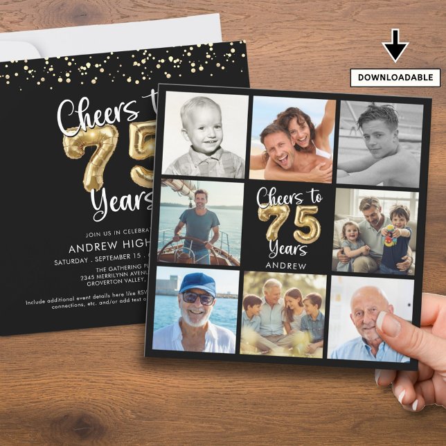 Cheers to 75 Years Photo Collage Balloons Birthday Invitation (Creator Uploaded)