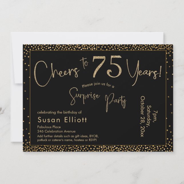 Cheers to 75 Years Surprise Birthday Gold & Black Invitation (Front)
