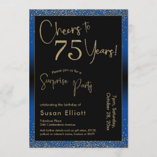 Cheers to 75 Years Surprise Birthday Party Blue Invitation
