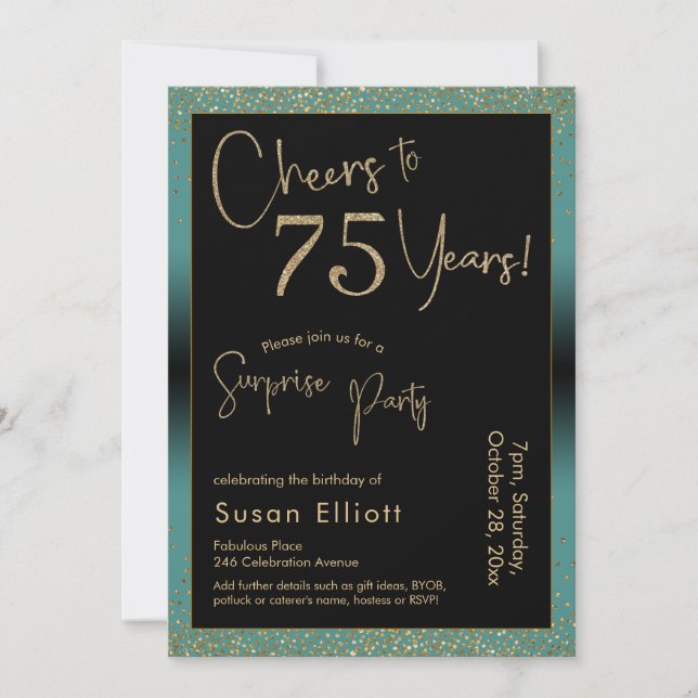 Cheers to 75 Years Surprise Birthday Party, Teal Invitation (Front)
