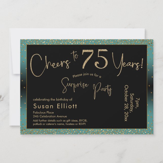 Cheers to 75 Years Surprise Birthday Teal and Gold Invitation (Front)