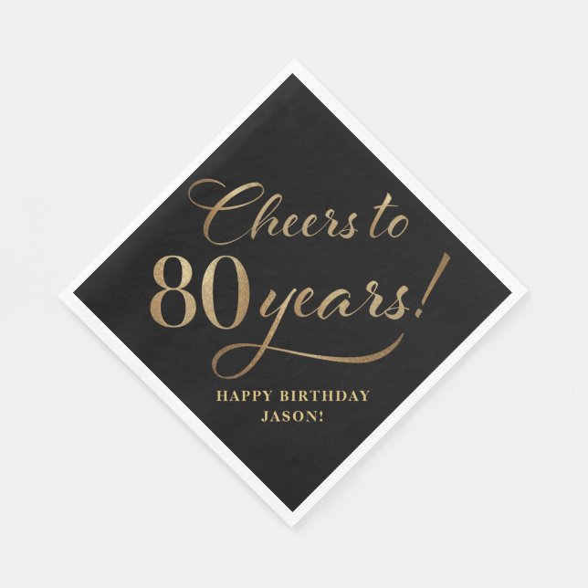 Cheers to 80 Birthday Glitter Black and Gold Napkin (Corner)