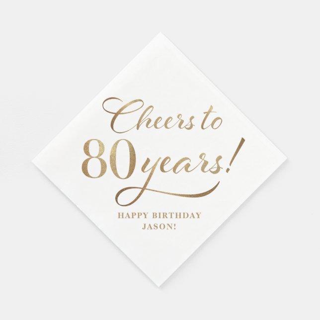 Cheers to 80 Birthday Glitter White and Gold Napkin (Corner)