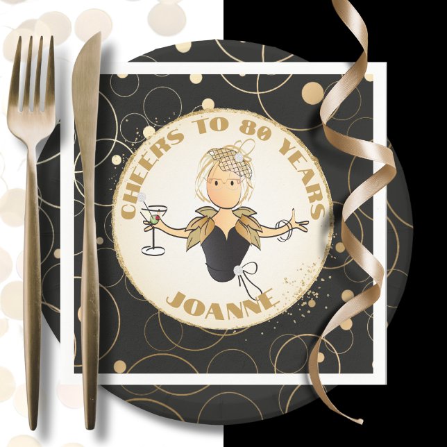 Cheers to 80 for Her Fun Gold Black 80th Birthday Napkin (Creator Uploaded)