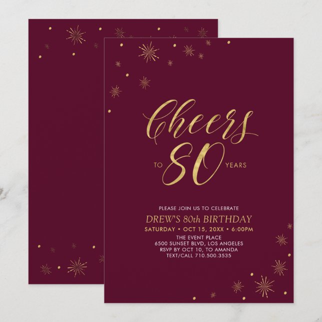 Cheers to 80 | Gold & Burgundy 80th Birthday Party Invitation (Front/Back)