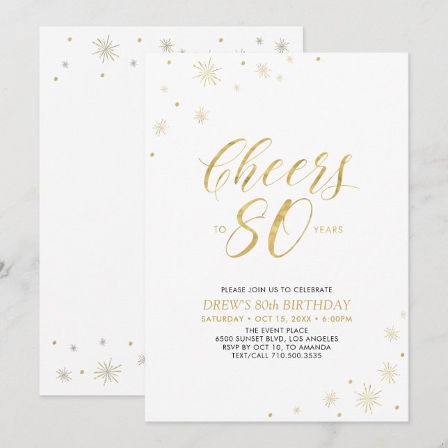 Cheers to 80 | Gold & White 80th Birthday Party Invitation (Front/Back)