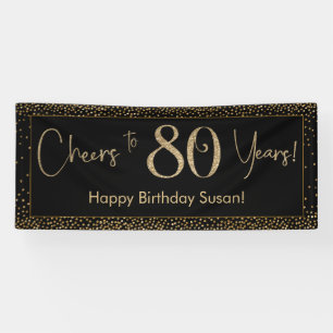 Cheers to 80 Years Birthday Black w/ Gold Confetti Banner