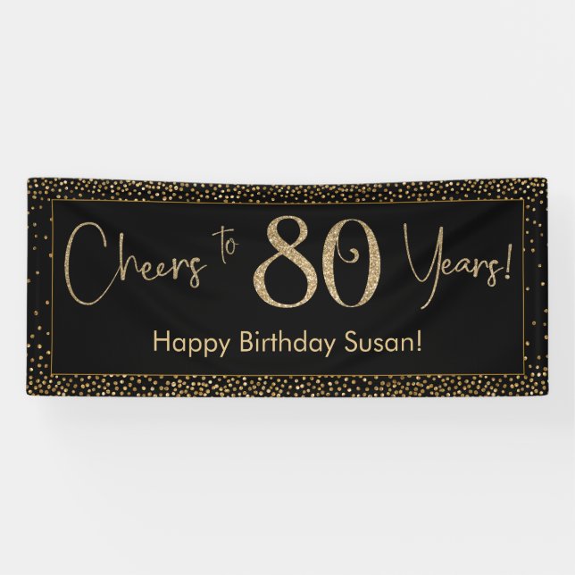 Cheers to 80 Years Birthday Black w/ Gold Confetti Banner (Horizontal)