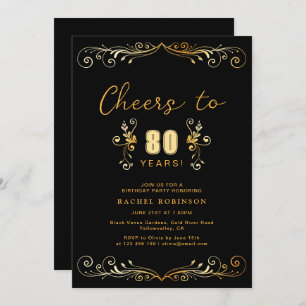 Cheers to 80 Years Birthday Party Black & Gold Invitation
