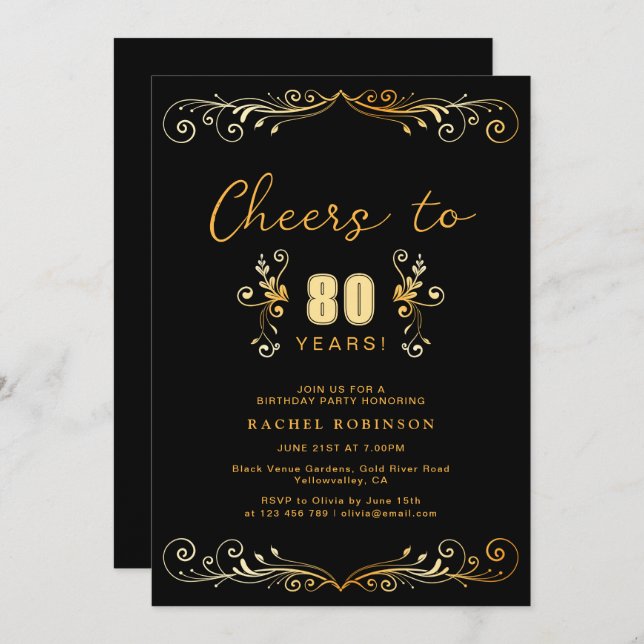 Cheers to 80 Years Birthday Party Black & Gold Invitation (Front/Back)