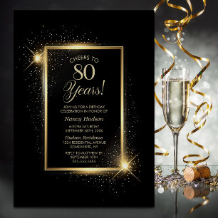 Cheers to 80 Years Black Gold Birthday Party Invitation