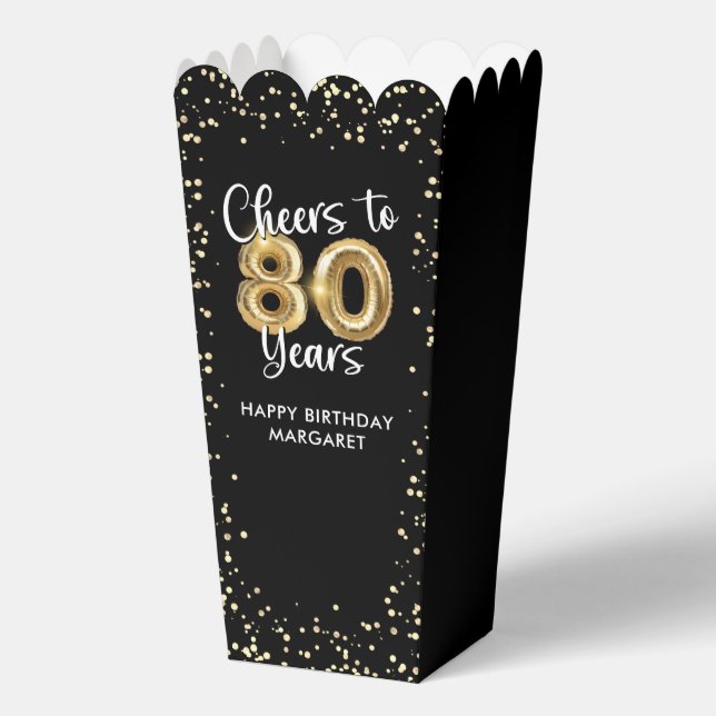 Cheers to 80 Years Black Gold Confetti Birthday Favour Box (Front)
