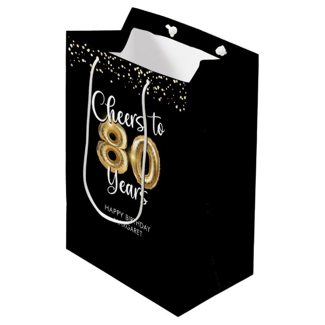 Cheers to 80 Years Black Gold Confetti Birthday Medium Gift Bag (Front Angled)