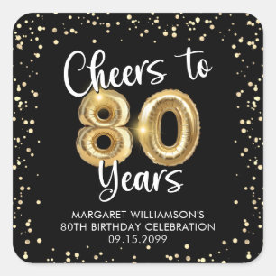 Cheers to 80 Years Black Gold Confetti Birthday Square Sticker