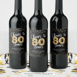 Cheers to 80 Years Black Gold Confetti Birthday Wine Label
