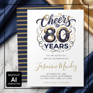 Cheers to 80 years Elegant Gold Blue Birthday Invitation