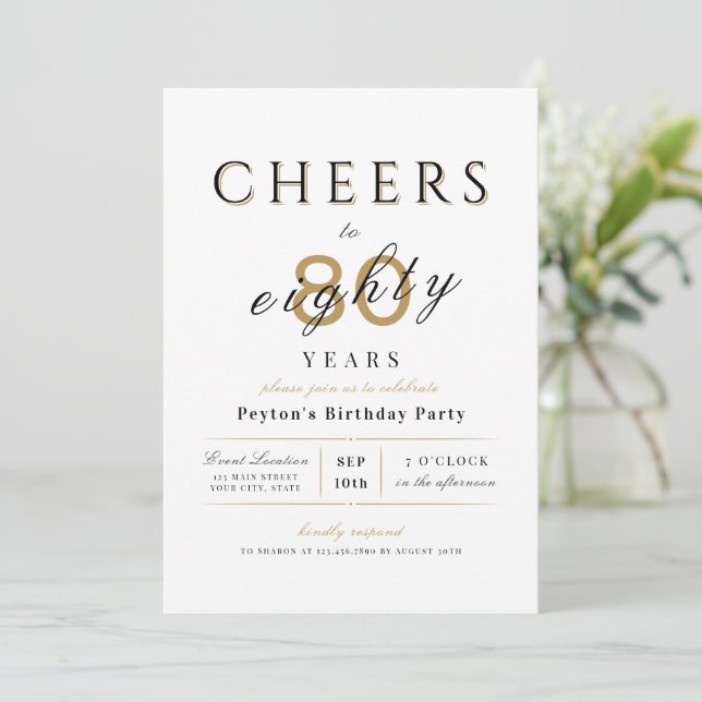 Cheers to 80 years elegant modern classy birthday invitation (Standing Front)