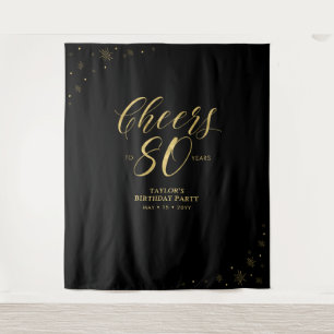 Cheers to 80 years   Gold & Black Birthday Party Tapestry
