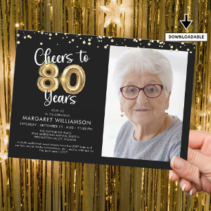 Cheers to 80 Years Photo Script Balloon Confetti Invitation