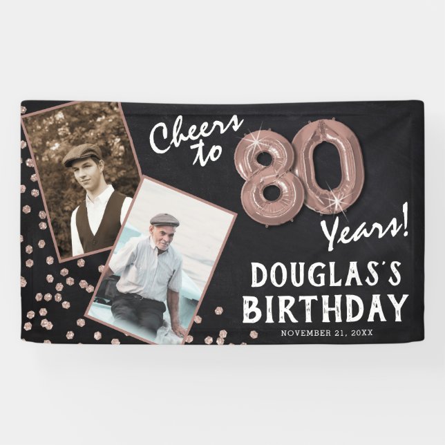 Cheers to 80 Years Rose Gold 2 Photo Birthday  Banner (Horizontal)