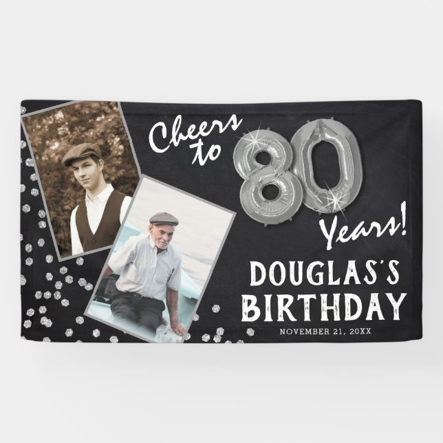 Cheers to 80 Years Silver 2 Photo Birthday  Banner (Horizontal)
