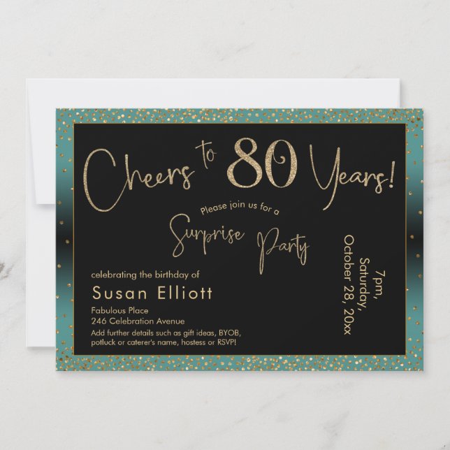 Cheers to 80 Years Surprise Birthday Teal and Gold Invitation (Front)