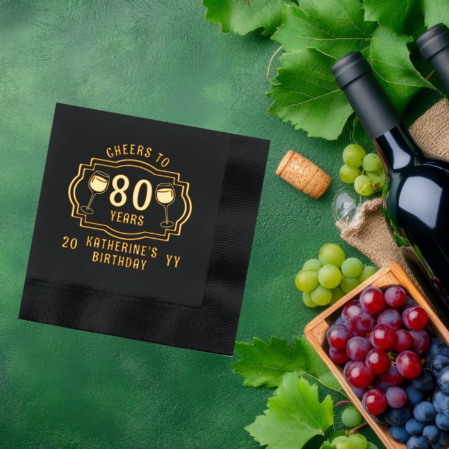 Cheers to 80 Years Wine Glasses Birthday Name Foil Napkins ("Cheers to 80 Years" wine Glasses 80th Birthday with Name and Year Stamped Foil Napkins)