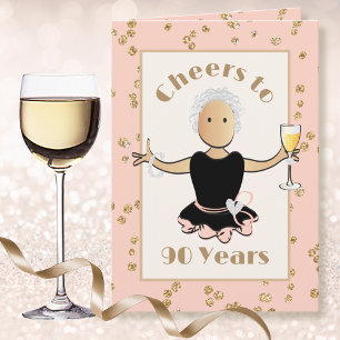 Cheers to 90 Female Cartoon Glitter Glam Birthday Card