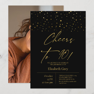 Cheers to 90⎮Gold Modern Photo 90th Birthday  Invitation