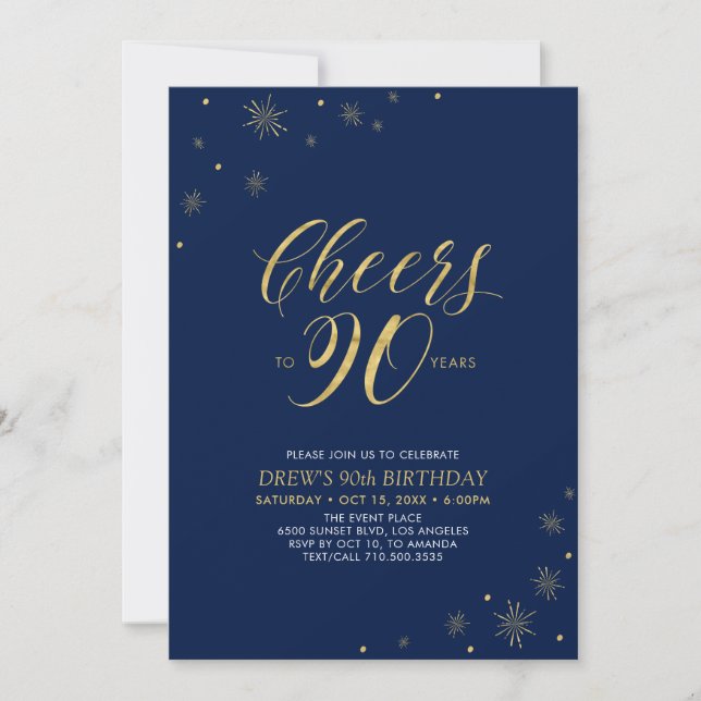 Cheers to 90 | Gold & Navy 90th Birthday Party Invitation (Front)