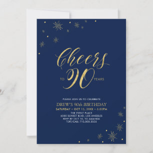Cheers to 90   Gold & Navy 90th Birthday Party Invitation