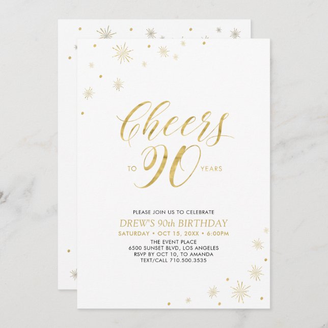 Cheers to 90 | Gold & White 90th Birthday Party Invitation (Front/Back)