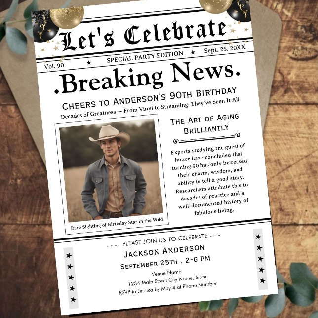 Cheers to 90! Newspaper Birthday  Invitation (Creator Uploaded)