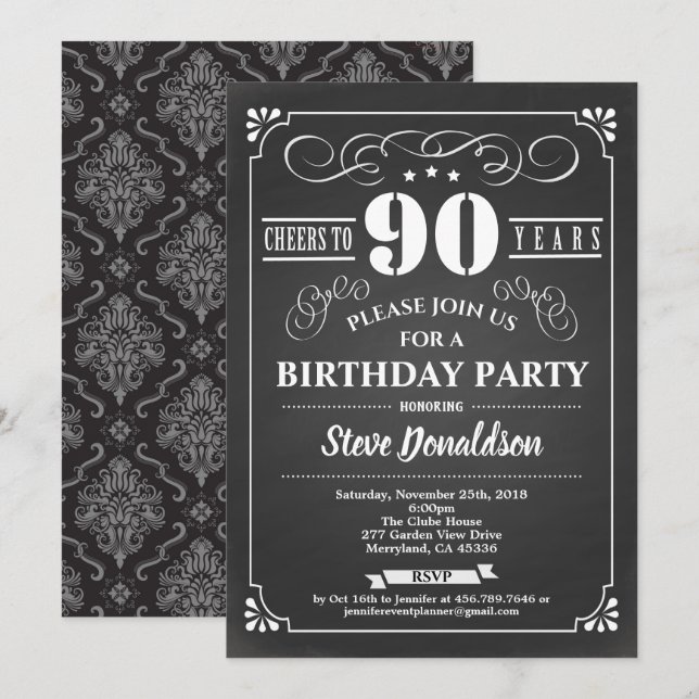 Cheers to 90 years 90th birthday party chalkboard invitation (Front/Back)
