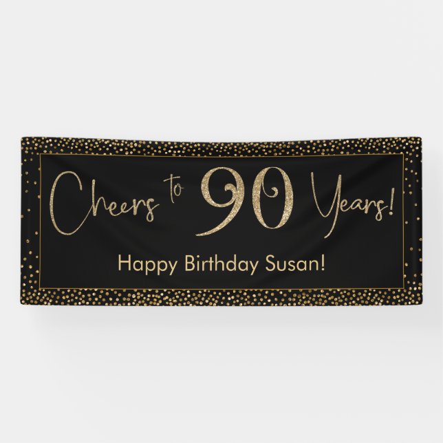 Cheers to 90 Years Birthday Black w/ Gold Confetti Banner (Horizontal)