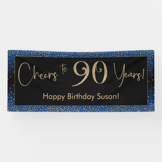 Cheers to 90 Years Birthday, Blue Gold Black Banner (Horizontal)