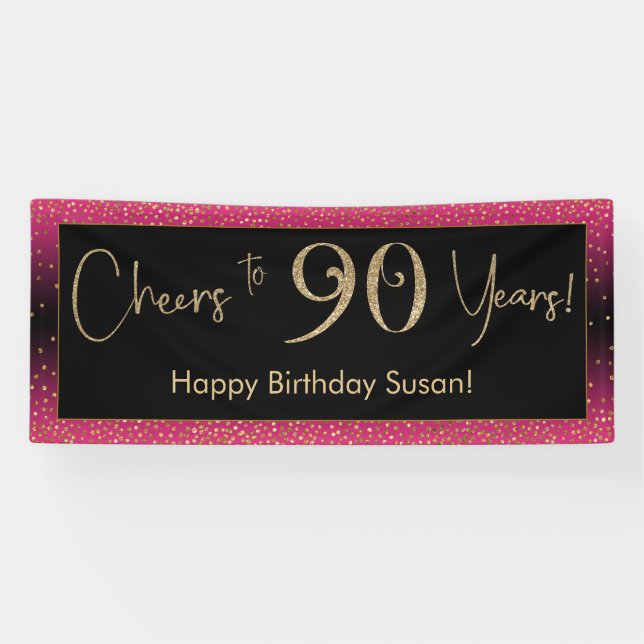 Cheers to 90 Years Birthday, Deep Pink Gold Black Banner (Horizontal)