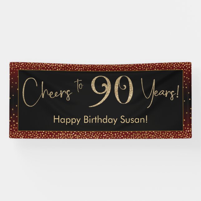 Cheers to 90 Years Birthday, Gold Black & Burgundy Banner (Horizontal)