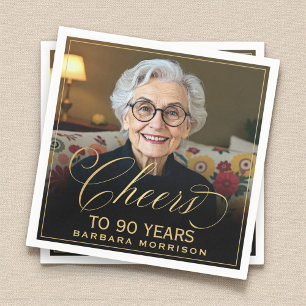 Cheers to 90 Years Birthday Photo Gold Black Napkin