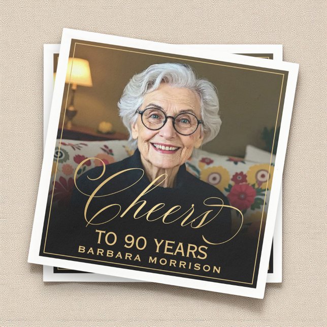 Cheers to 90 Years Birthday Photo Gold Black Napkin (Creator Uploaded)