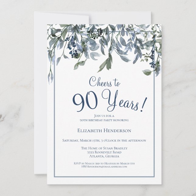 Cheers to 90 Years Blue Floral Invitation (Front)