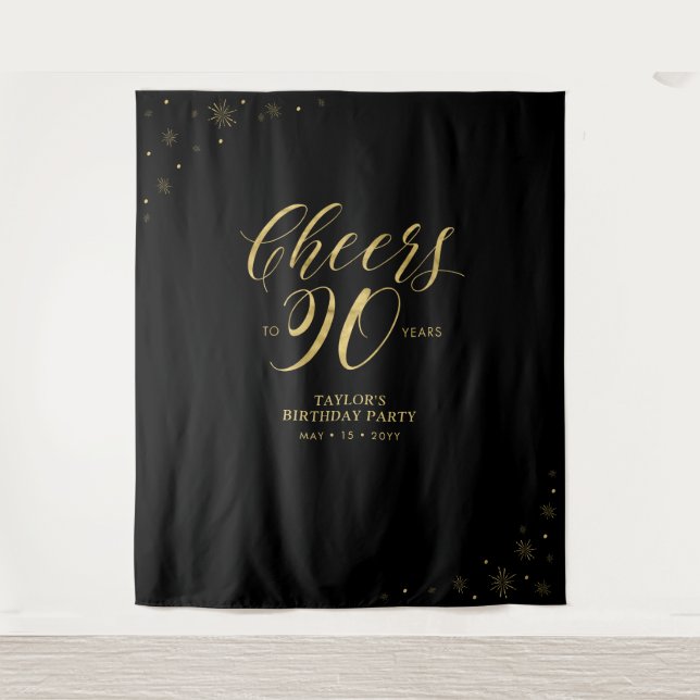 Cheers to 90 years, Gold & Black 90 Birthday Party Tapestry (Front)