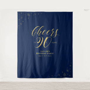 Cheers to 90 years, Gold & Navy 90 Birthday Party Tapestry