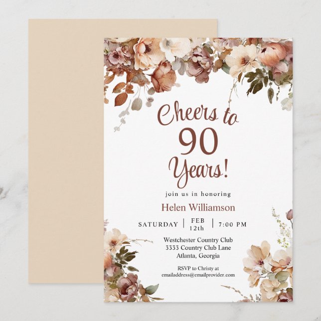 Cheers to 90 Years Pink Floral 90th Birthday Invitation (Front/Back)