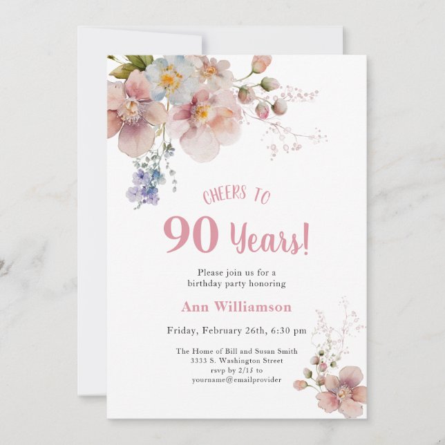 Cheers to 90 Years Pink Floral Birthday Invitation (Front)